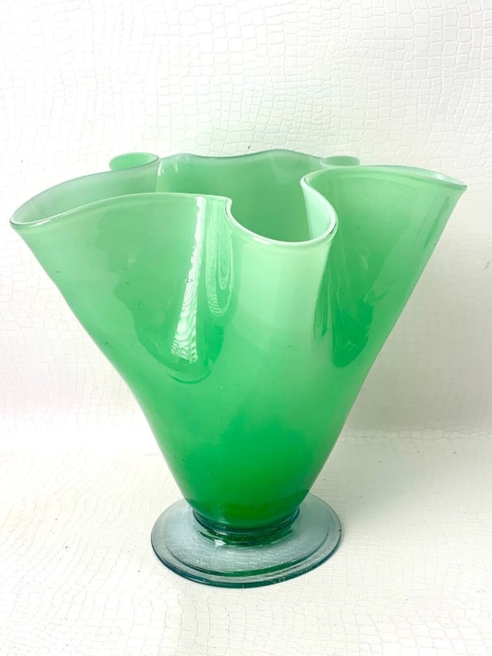 MCM Green Hand-Blown Art Glass Cased Handkerchief Vase With Clear Pedestal Base